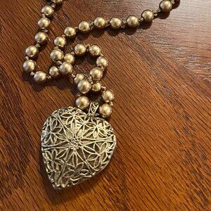 Monet Signed Heart Pendant Necklace VTG Designer Beads Gold beads open Work
